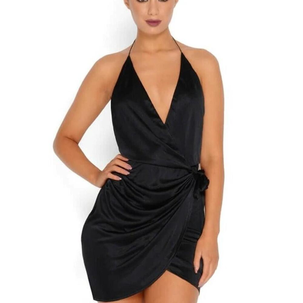 Oh Polly Bare Minimun Satin Backless Plunge Mini Dress Women 8 Sleeveless Ruched - Picture 1 of 10